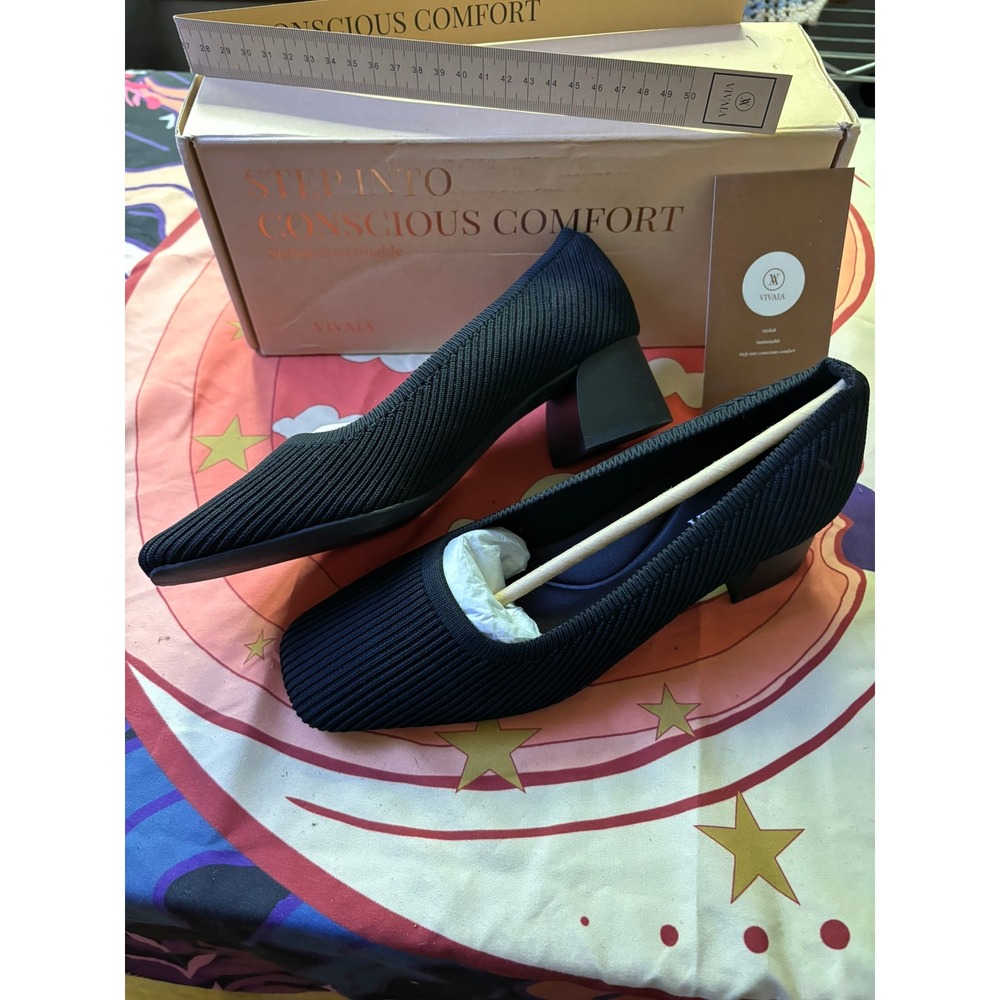 Vivaia Margot Square Toe Block Heel Pumps Black Knit Sustainable Shoes EU 37 - Picture 4 of 15